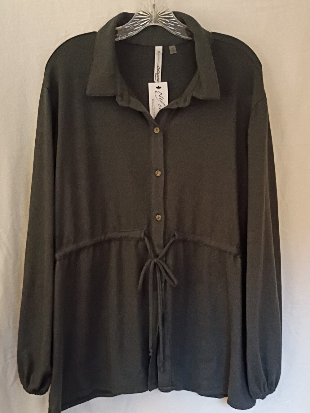 Lightweight Charcoal Gray Drawstring Button-Up Shirt -